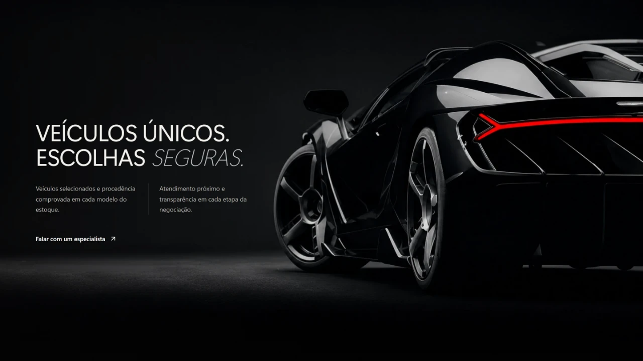 Primeira tela do site da concessionária: título “Veículos únicos. Escolhas seguras.” sobre a foto de um carro esportivo escuro.