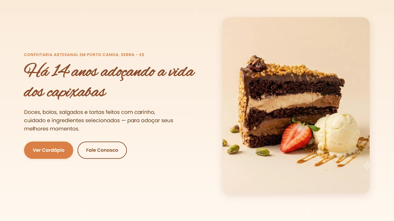 Primeira tela do site da confeitaria: chamada em letra manuscrita ao lado da foto de uma fatia de bolo de chocolate.